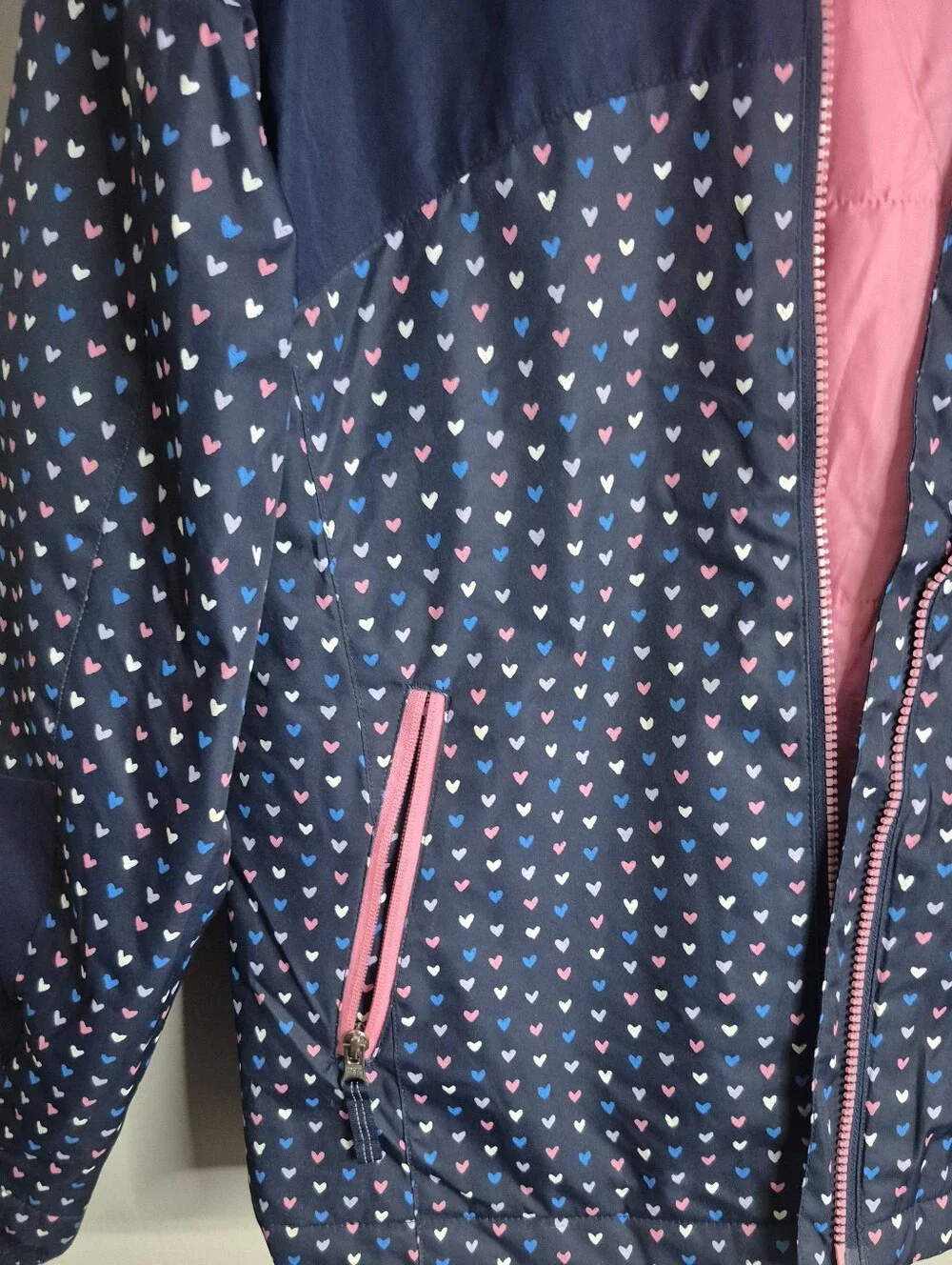 Lands' End Navy Hooded  Jacket with Pink Heart Print Girls Size XL 16